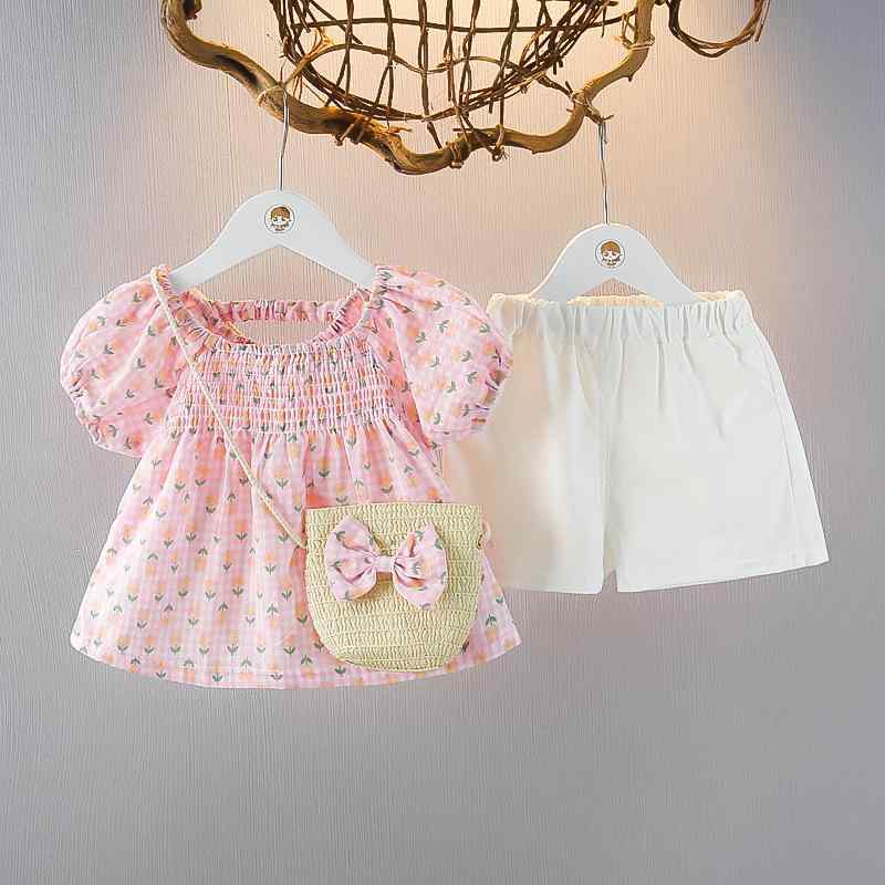 スカートセット ベビー キッズ 女の子 半袖 ショートスリーブ チェック柄 グレンチェック フレア 薄手 かわいい コットン 夏 普段使い お出かけ 2点セット ピンク ブルー