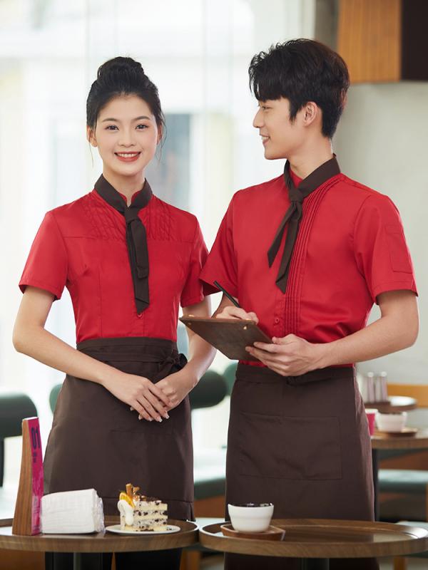 ユニフォーム 男女兼用 接客業 ホテル レストラン 飲食店 ファーストフード カフェ 居酒屋 ホールスタッフ サービススタッフ 制服 作業服 半袖 3点セット 吸湿速乾 ポリエステル綿 赤 緑 黒