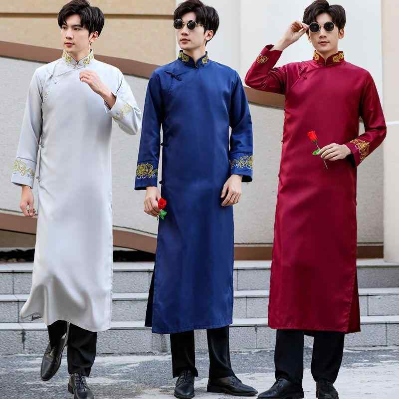 チャイナ服 男性用 グルームズマン 友人 結婚式 披露宴 礼服 おもしろ コミカル 時代衣装 伝統芸能 演劇 ステージ衣装 民国 大褂 チャイナジャケット ロング丈 長袍 ポリエステル 春夏