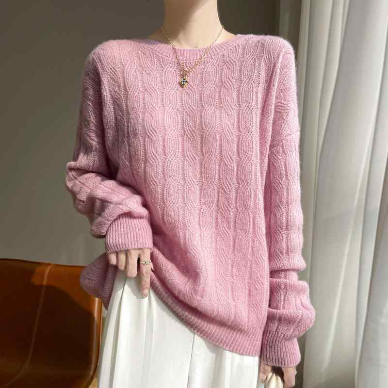 レディース ニット カシミヤ セーター ラウンドネック プルオーバー 長袖 ゆったり リラックス 薄手 ケーブル編み リブ編み 無地 若見え 春夏