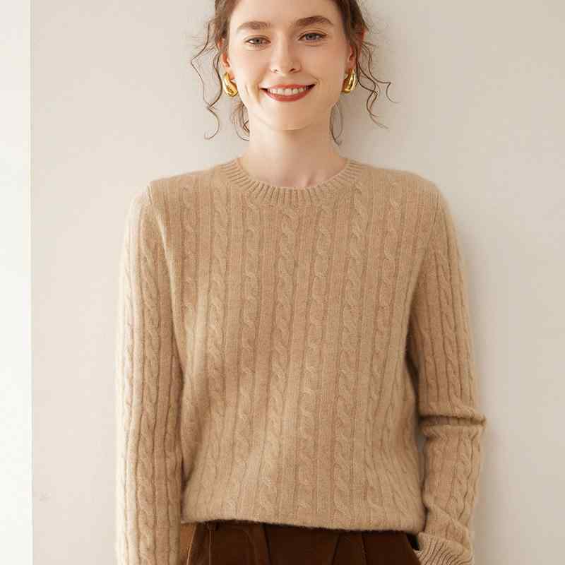 ニット レディース 秋冬 カシミヤ混 デザイン ケーブル編み クルーネック ゆったり ルーズシルエット リラックス 長袖 トップス
