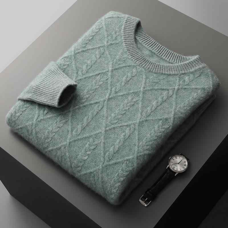 セーター メンズ 秋冬 カシミヤ ウール混 厚手 大柄ひし形 ケーブル編み レトロ カジュアル 上質 プルオーバー クルーネック オーバーサイズ 長袖 ニット 防寒｜way-ugo