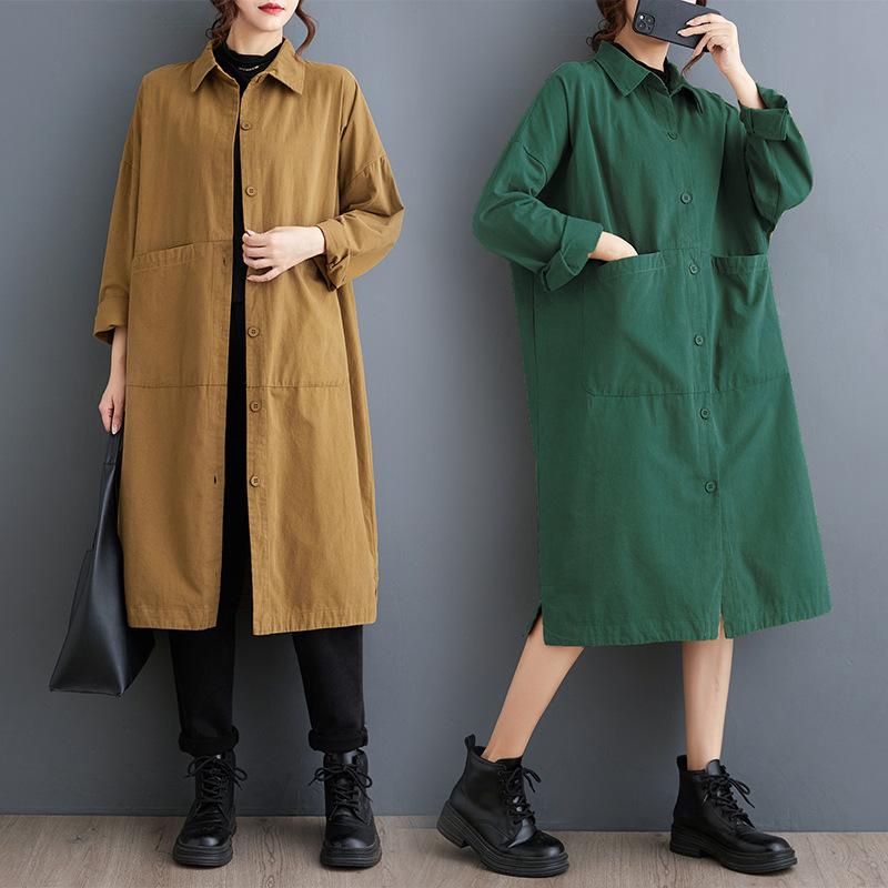 シャツワンピース レディース 女性用 長袖 ゆったり ルーズ 体型カバー 大きいサイズ ロング丈 マキシ丈 綿 コットン レトロ ヴィンテージ おしゃれ 上品 きれいめ エレガント 通勤 オフィス カジュアル カーキ グリーン 秋