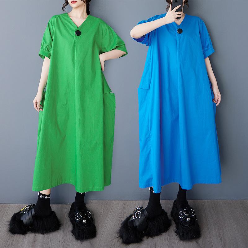 ワンピース レディース 春夏 Vネック 切り替え Aライン ゆったり 体型カバー ロング丈 綿 無地 エレガント きれいめ 上品 通勤 デイリー 大人 半袖 ブラック