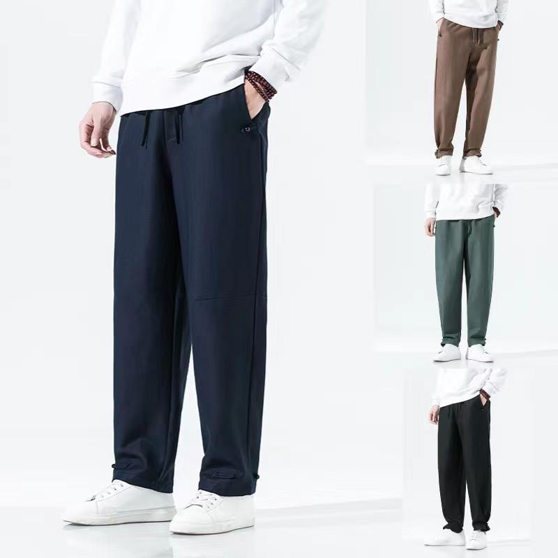 パンツ 男性用 秋冬 中国風 裏起毛 厚手 防寒 リネン 無地 カジュアル ゆったり テーパード ロング丈 ハイウエスト ウォッシュ加工 普段使い ブラック