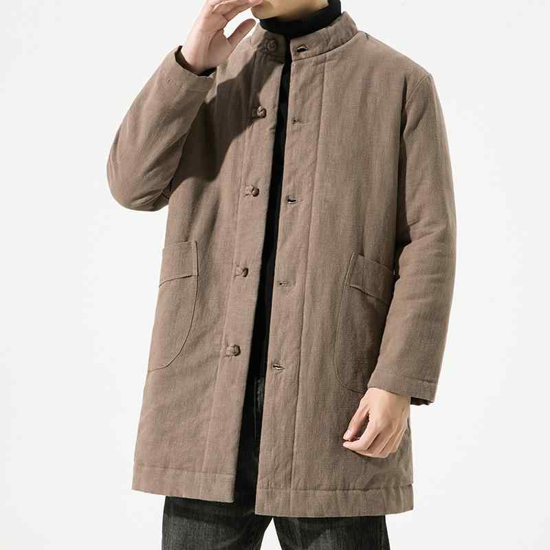 中綿ジャケット メンズ 秋冬 中国風 レトロ 厚手 ゆったり スタンドカラー ミドル丈 シングルボタン コットン リネン 無地 カジュアル 普段使い アウター
