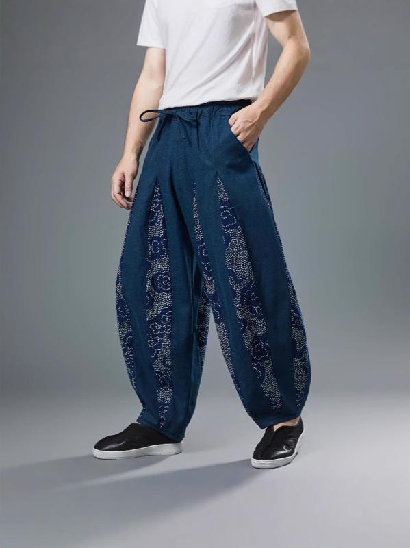 パンツ メンズ ロングパンツ リネン バルーンパンツ ハーレムパンツ ワイドパンツ ゆったり 大きいサイズ エスニック パッチワーク柄 カジュアル ストリート 普段使い