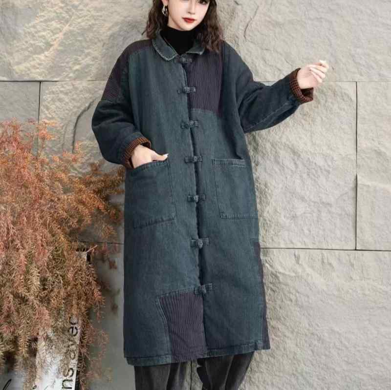 中綿ジャケット レディース 秋冬 デニム レトロ ヴィンテージ 個性的 トレンド 大きいサイズ ビッグシルエット ルーズフィット カジュアル 普段使い エスニック 民族風 切り替え 厚手 ボリューム ミドル丈 ウォッシュ加工