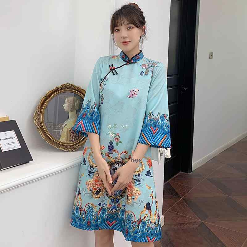 チャイナドレス レディース 春夏 唐装風 レトロ 花柄 ロングワンピース 改良型 ゆったり 体型カバー 大きいサイズ レッド ブルー系 綿混 長袖