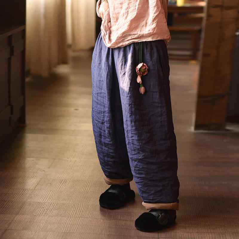 綿パンツ レディース リネン 麻 サンドウォッシュ 中綿入り 厚手 ゆったり ルーズ カジュアル レトロ バルーン テーパード ミドルウエスト あったか 防寒 秋冬 ロング丈 カーキ コーヒー｜way-ugo