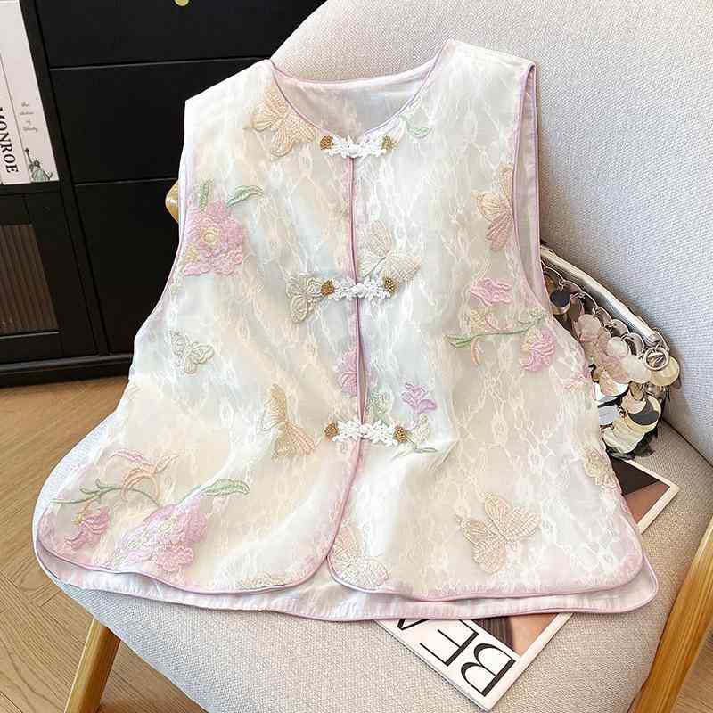 トップス レディース 春夏 新チャイナ風 レトロ ヴィンテージ 凝った刺繍 レース スタンドカラー 前開き ベスト ジレ 普段使い お出かけ 上品 高級感