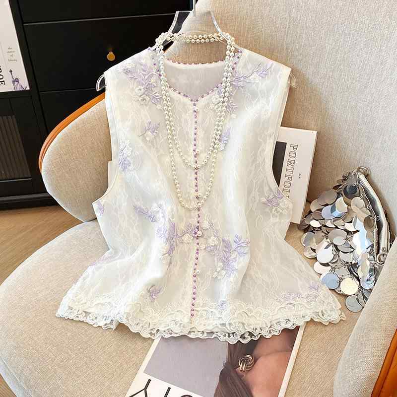 ベスト ジレ レディース 新中華風 レトロ クラシカル 夏 サマー 薄手 ノースリーブ 刺繍 パープル 花柄 クルーネック シングルボタン トップス 羽織り