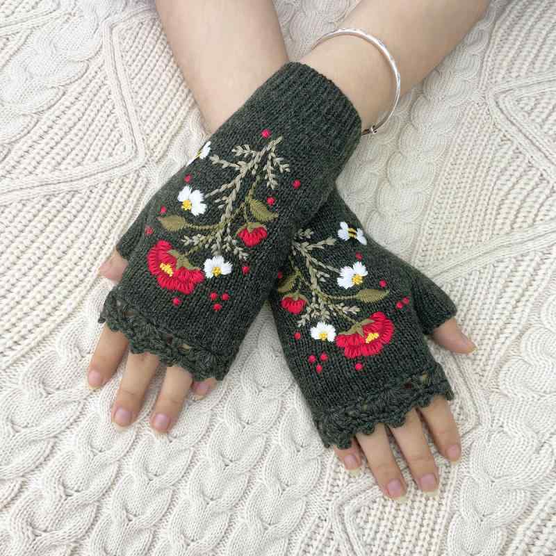 手袋 レディース レトロ 中国風 エスニック 刺繍 牡丹 菊 蜂 ニット 指なし 保温 防寒 春秋 かわいい おしゃれ 普段使い お出かけ