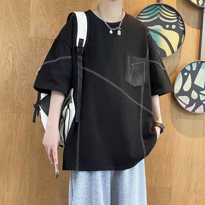 Tシャツ メンズ 男性用 ユース 半袖 クルーネック 丸首 ポケット付き デザイン 綿混 コットン 薄手 トレンド カジュアル 春夏 無地 吸湿速乾