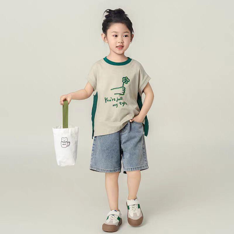Tシャツ 女の子 キッズ ガールズ ジュニア 半袖 春夏 カジュアル 普段使い 快適 綿 コットン クルーネック 丸首 キャラクタープリント 韓国風 ライトカーキ