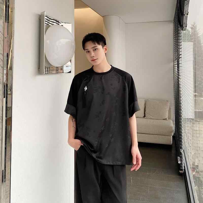 Tシャツ メンズ 新中華風 改良漢服 サテン調 ジャカード 花柄 チャイナボタン 半袖 クルーネック ラグランスリーブ プルオーバー ルーズフィット ポリエステル カジュアル 春夏