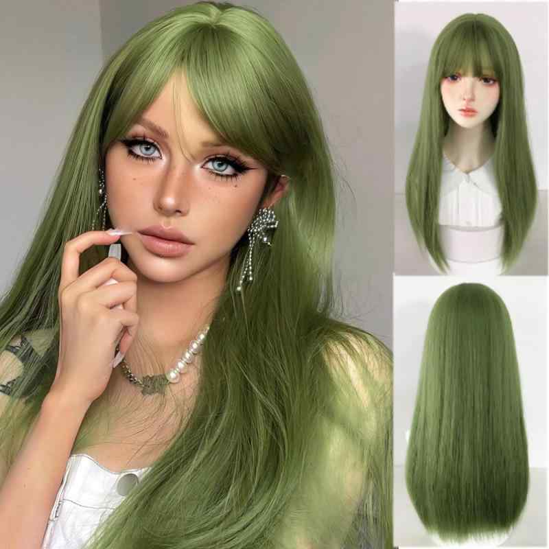 ウィッグ レディース 女性用 ブラウン グリーン 緑系 肌なじみ 顔色アップ ミディアム ロング ストレートヘア ぱっつん 斜め前髪 フルウィッグ 耐熱ファイバー 通気性 軽量 普段使い デイリー
