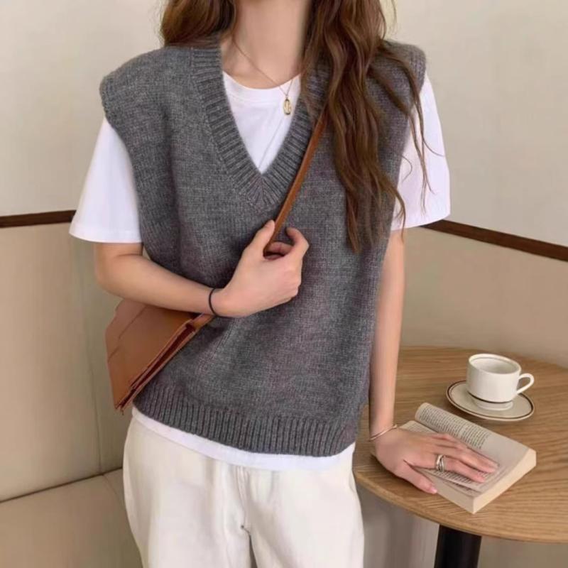 ニットベスト レディース 秋冬 Vネック ゆったり オーバーサイズ 重ね着 レイヤード アクリルニット ノースリーブ トップス ジレ カジュアル きれいめ