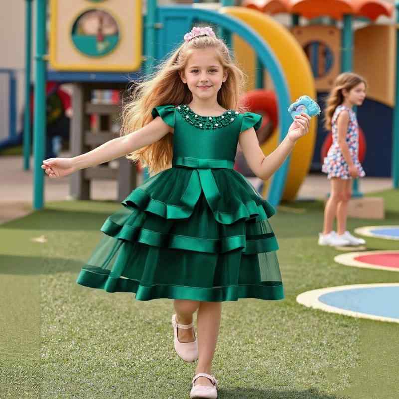 ドレス 女の子 ガールズ プリンセス フォーマル ロング丈 チュール ボリューム フレア サテン プリーツ クリスマス 発表会 パーティー 誕生日 結婚式 キッズ 子供