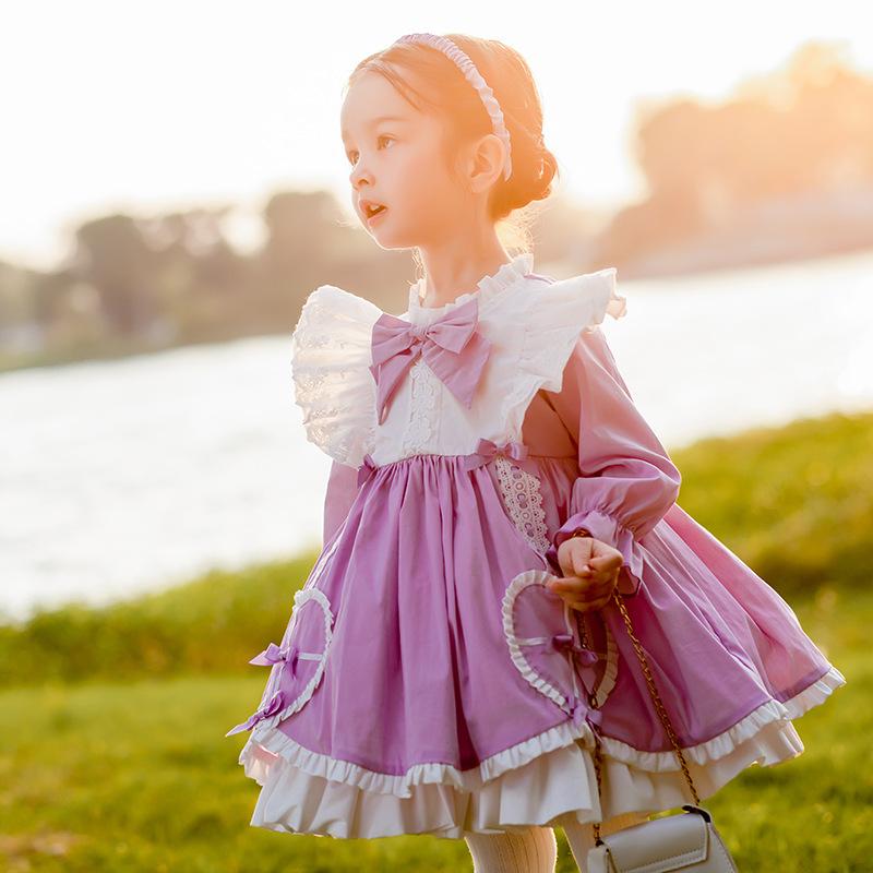 ワンピース 女の子 キッズ ロリータ スペイン風 プリンセスドレス 秋冬 ふわふわ ボリューム リボン フリル 綿 Aライン パーティー 発表会 パープル