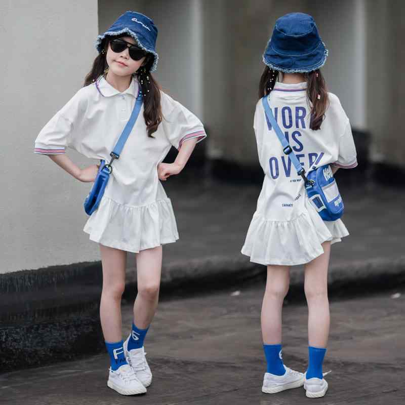 ワンピース ドレス 女の子 キッズ ジュニア 韓国風 ポロ襟 半袖 カジュアル コットン フリル裾 アルファベット柄 ホワイト 春夏 普段着 お出かけ 通学