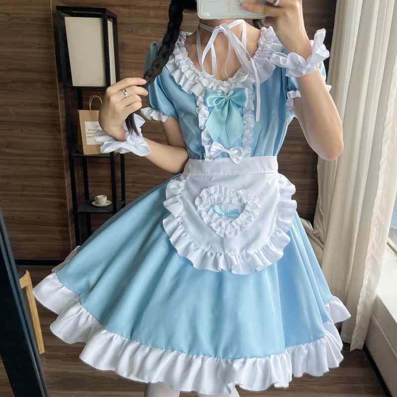 メイド服 ロリータ 女装 コスプレ アニメ キャラクター イベント 衣装 仮装 ハロウィンパーティー 甘ロリ 萌え系 かわいい ポリエステル スカイブルー 水色 日系