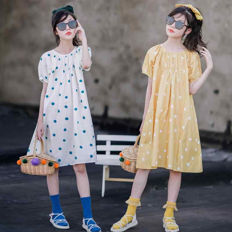 ワンピース 女の子 子供 ジュニア ガールズ 韓国ファッション ゆったり ルーズ 半袖 ドット 水玉 夏 サマー 綿 コットン アシンメトリー ドレス イエロー ホワイト 普段使い お出かけ カジュアル