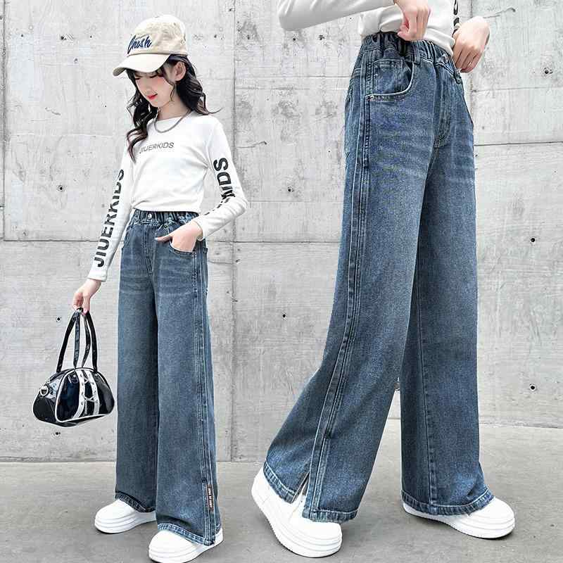 デニムパンツ 女の子 キッズ ジュニア 春秋 ワイドシルエット ゆったり ウエストゴム ロング丈 綿素材 柔らかな肌触り 無地 韓国ファッション 普段使い 通学 カジュアル