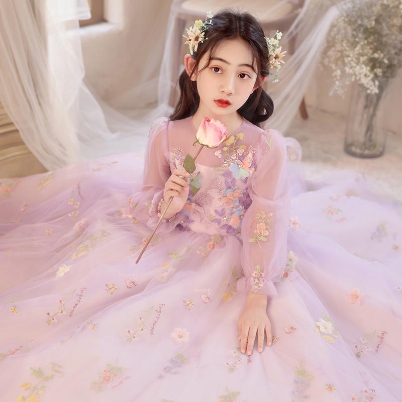 キッズドレス 女の子 プリンセス フォーマルドレス 誕生日 結婚式 ピアノ発表会 コンクール 長袖 上質 エレガント 高級感 かわいい ポリエステル 紫