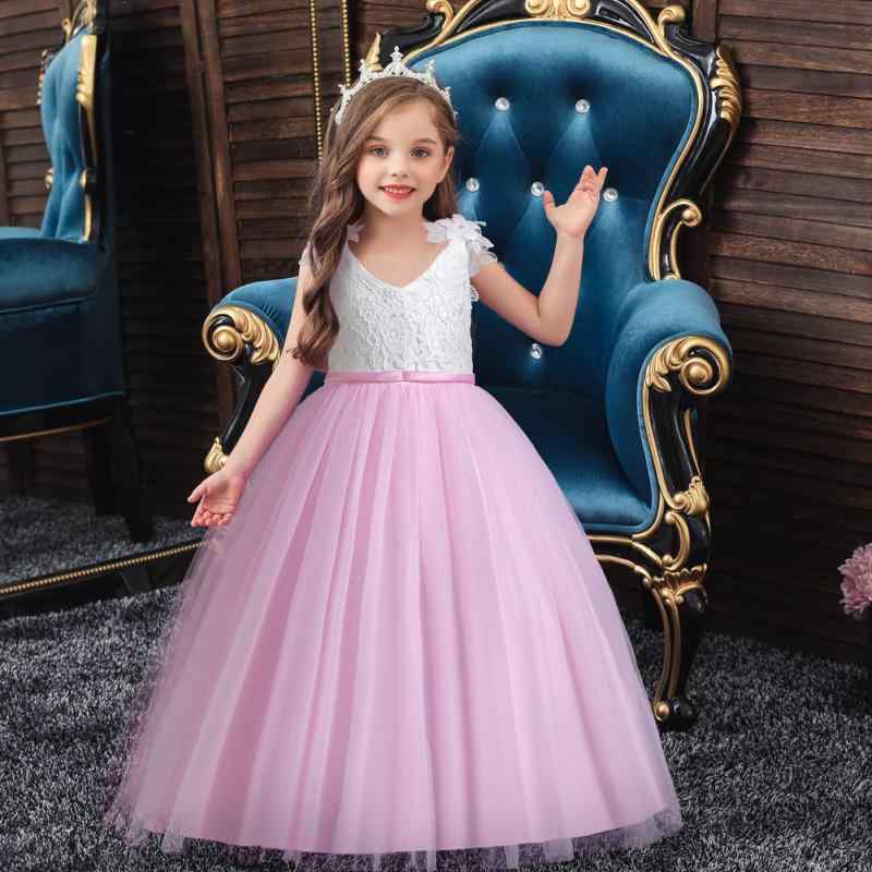 ドレス 女の子 キッズ プリンセス レース チュール 花柄 バックオープン キャミソール サテン ポリエステル 綿 誕生日会 パーティー 発表会 演奏会 結婚式 フォーマル セレモニー ピンク 白 紫
