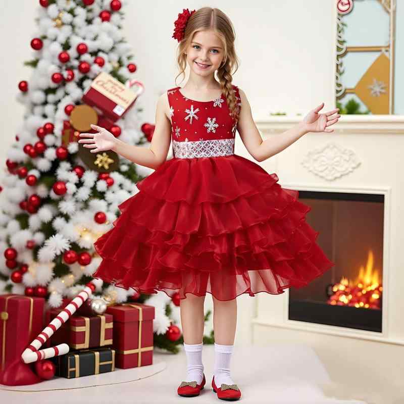 ワンピース 女の子 キッズ プリンセスドレス ノースリーブ スパンコール ティアード 華やか クリスマス パーティー 発表会 誕生日 演奏会 フォーマル 結婚式 サテン ポリエステル コットン レッド グリーン パープル