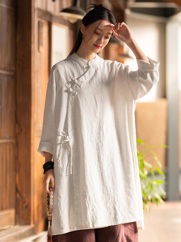トップス レディース 春夏 和風 レトロ 禅風 綿麻 リネン ゆったり リラックス 斜め合わせ 結びボタン 紐結び ホワイト グレー ブラック ベージュ パープル