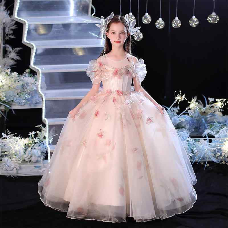 キッズ 女の子 フォーマルドレス 結婚式 フラワーガール ピアノ発表会 誕生日パーティー 演奏会 コンクール プリンセス 上品 高級感 エレガント ロング丈 シャンパンカラー