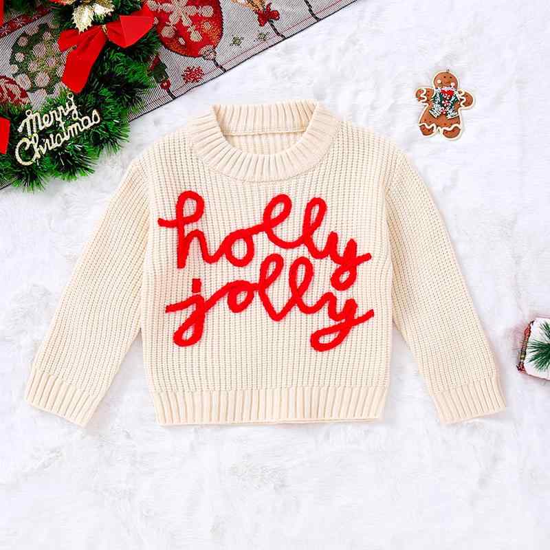 ベビー 女の子 キッズ クリスマス 秋冬 ラウンドネック 長袖 プルオーバー ロゴ刺繍 レーヨン混 ニット おしゃれ カジュアル お出かけ 普段使い 通園 オフホワイト レッド