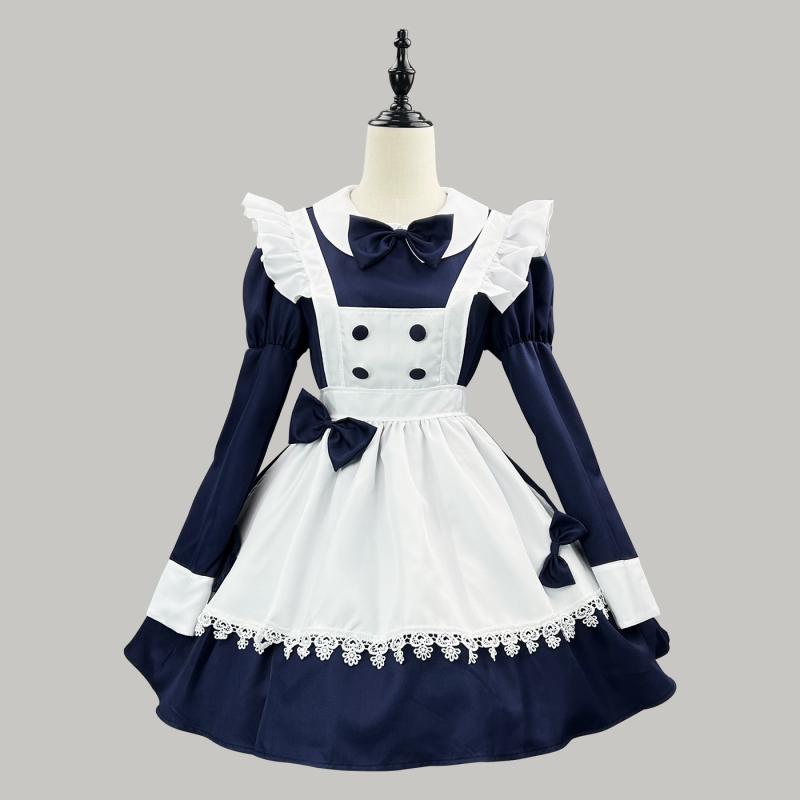 コスプレ 衣装 レディース 女性用 ハロウィン アリス アニメ キャラクター ロング丈 メイド服 コスチューム 執事風 メイドカフェ 制服 ユニフォーム ポリエステル ネイビー 紺