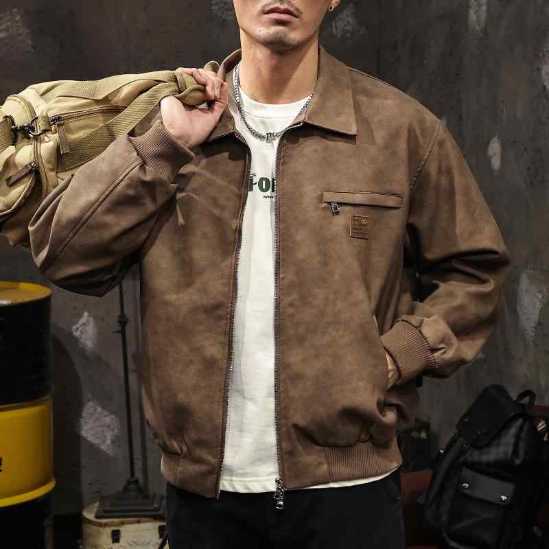 ライダースジャケット メンズ 男性用 PUレザー フェイクレザー ブラウン系 アースカラー ストリートファッション 春秋 ゆったり ビッグシルエット アメリカンヴィンテージ ユーズド加工 アウター