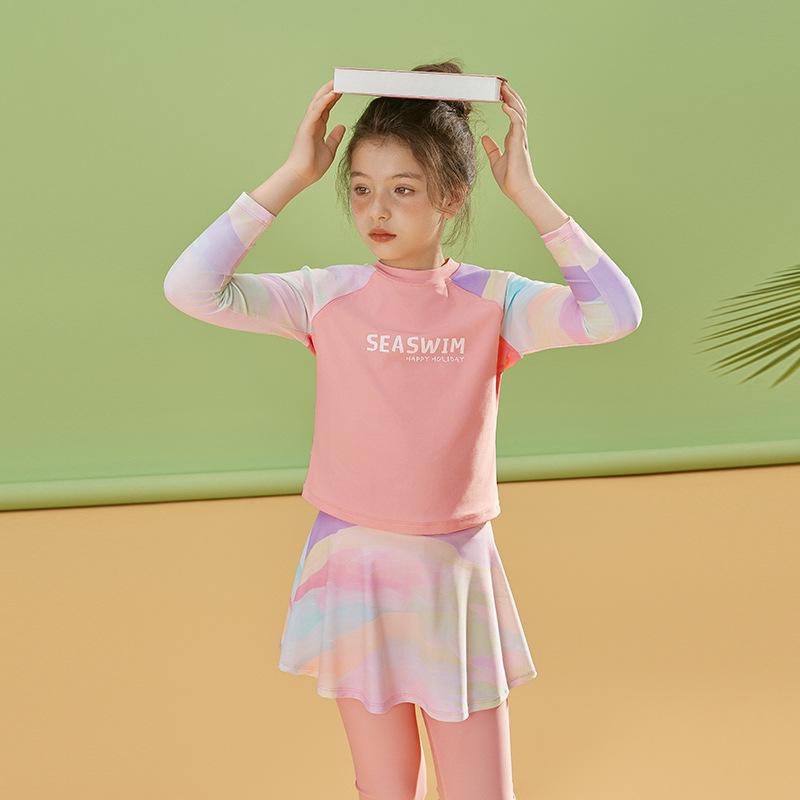 水着 女児 ジュニア 夏物 カジュアル スポーティ 長袖 ショートスカート ロングパンツ セパレート ナイロン ピンク 韓国風 プール ビーチ スイミング 小学生 中学生向け