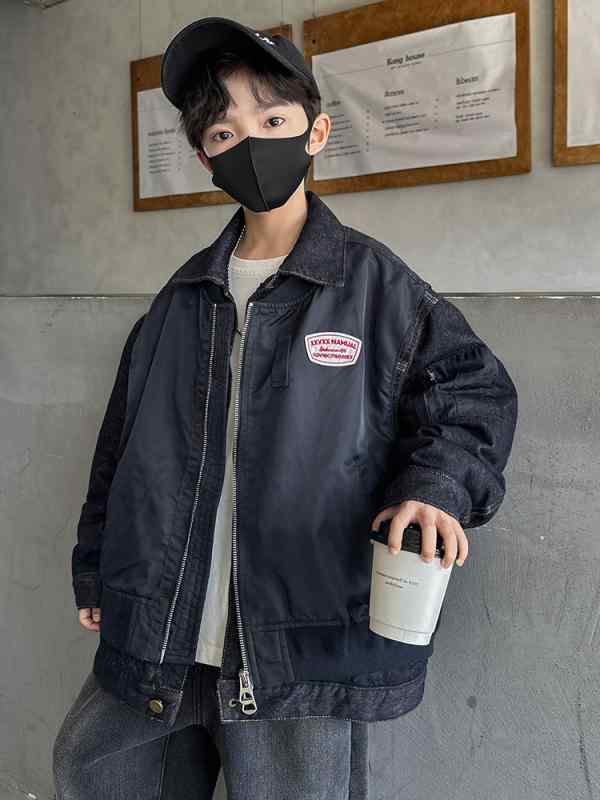 ジャケット キッズ 男の子 デニム 切り替え 中綿 厚手 秋冬 防寒 あったか 保温 綿混 ポリエステル アウター ブルゾン ジャンパー ブラック 普段使い 通学 お出かけ
