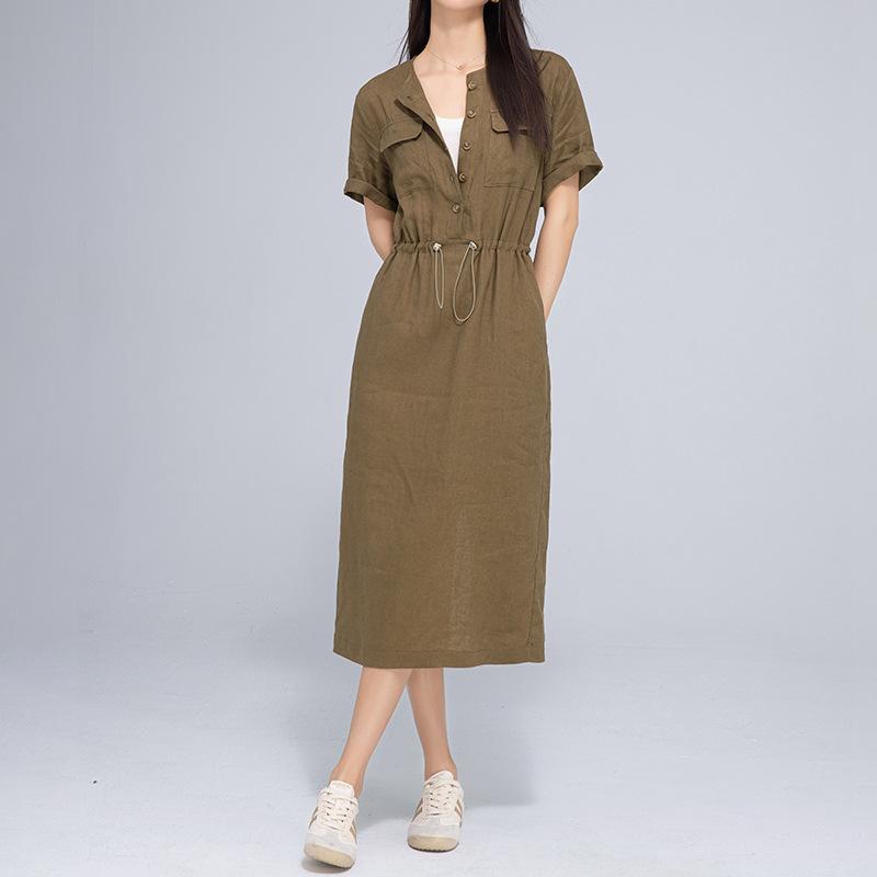 ワンピース レディース リネン 麻 ゆったり 半袖 ドロップショルダー ラウンドネック ドローストリング ウエストマーク ゴムウエスト ポケット ロング丈 バックスリット Aライン 着痩せ効果 春夏 普段使い カジュアル 無地
