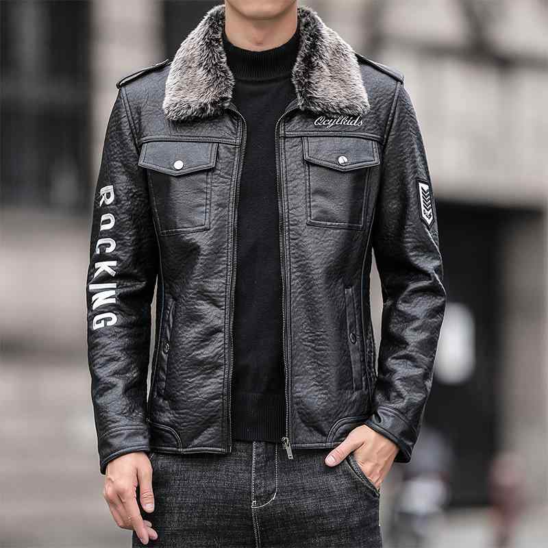 レザージャケット メンズ 革ジャン フェイクレザー 裏ボア ダブルボタン ミドル丈 ビッグシルエット 襟付き アウター ブルゾン カジュアル ストリート 秋冬 ブラック