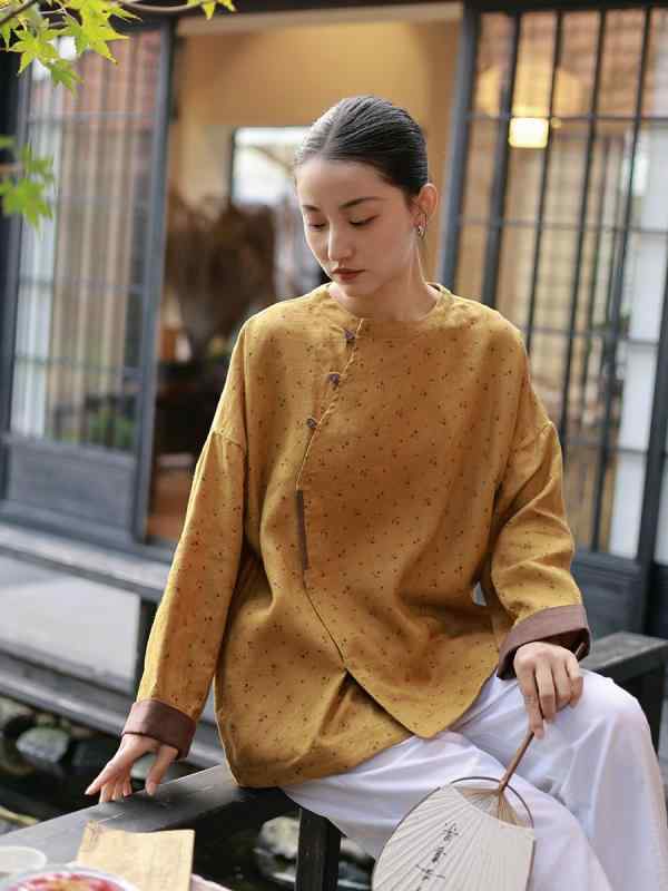 Tシャツ レディース 春夏 ゆったり クルーネック 長袖 リネン素材 ウォッシュ加工 プリント柄 チャイナ風 レトロ 上品 ナチュラル 大人カジュアル｜way-ugo