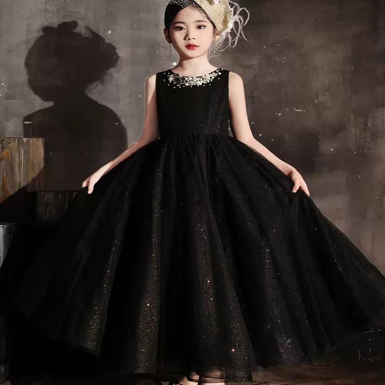 プリンセスドレス キッズ 女の子 黒 ブラック ノースリーブ 袖なし シンプル モダン 華やか 高品質 フォーマル ロング丈 発表会 演奏会 舞台衣装 パーティー 結婚式 エレガント 上品 アセテート