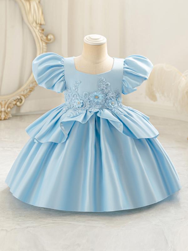 ドレス キッズ 欧米風 サテン パフスリーブ アップリケ プリンセス チュール ピアノ発表会 演奏会 結婚式 パーティー 七五三 フォーマル ワンピース 高級感 ポリエステル 子供服