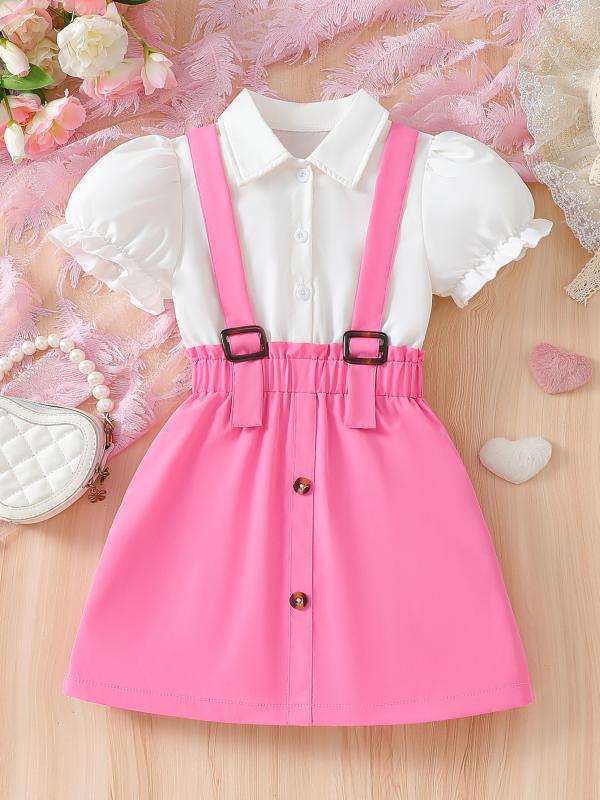 ワンピース 女の子 フェイクツーピース ピンク ジャンパースカート風 白ブラウス 切り替え パフスリーブ 夏 かわいい ガーリー 普段使い 子供服 ソフトタッチ ポリエステル