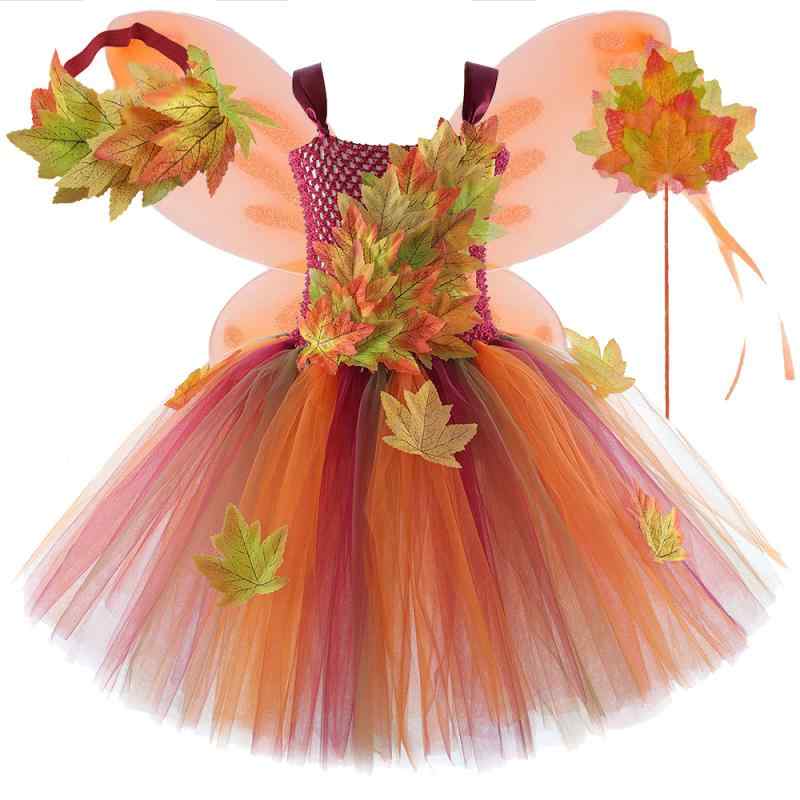 ワンピース キッズ 女の子 欧米風 紅葉柄 フェイクリーフ チュール メッシュ プリンセスドレス ハロウィン 感謝祭 パーティー イベント ボリュームスカート ナイロン シフォン素材 Aライン ふんわり かわいい 発表会 衣装
