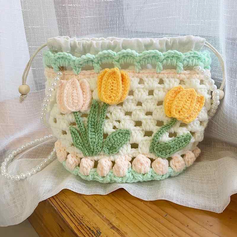 バッグ DIY 手作りキット 鉤針編み チューリップ 花柄 透かし編み バケット型 巾着型 ショルダーバッグ 斜め掛け 編み物 春夏 カジュアル