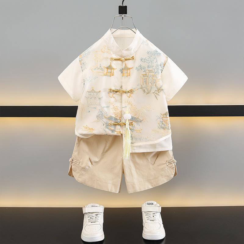 唐装 男の子 キッズ 男児 夏物 薄手 セットアップ 上下セット 漢服 刺繍 ポリエステル 中国風 民族衣装 普段使い イベント ベージュ