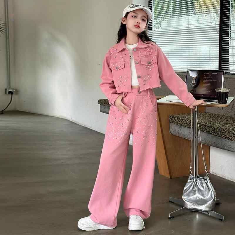 キッズ セットアップ 女の子 ジュニア 韓国ファッション ピンク ビーズ飾り デニム ポロ襟ジャケット ワイドパンツ 綿 長袖 ツーピース 秋物 普段使い
