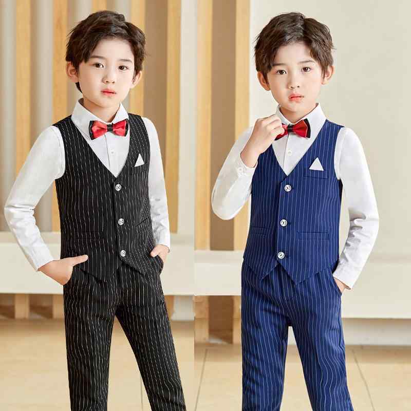 セットアップ 男の子 キッズ ベビー フォーマルスーツ 紳士服 セレモニースーツ 結婚式 発表会 誕生日 入学式 卒業式 七五三 お呼ばれ パーティ ベスト スラックス 長袖シャツ ストライプ柄 薄手 綿混 ポリエステル 春秋冬 ブルー ブラック
