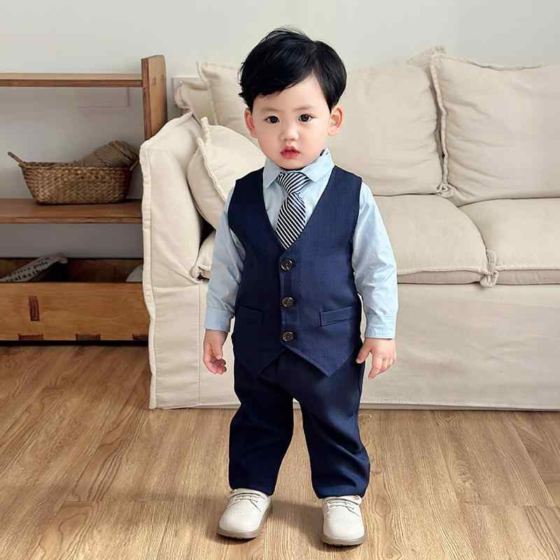 キッズ ベビー 男の子 フォーマル セットアップ 紳士 英国風 ブリティッシュスタイル ベスト シャツ ロングパンツ 4点セット 結婚式 発表会 七五三 セレモニー パーティー 綿 春秋 ダークネイビー